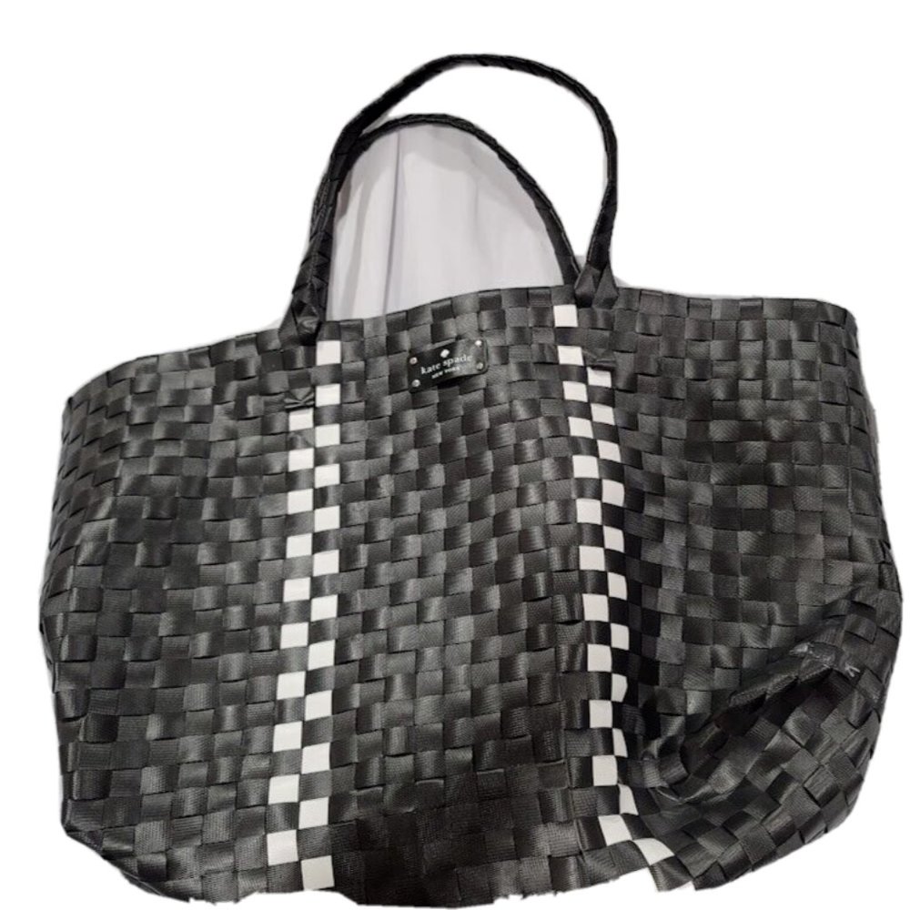 Kate Spade Black White Woven Straps Large Weekender Tote Bag